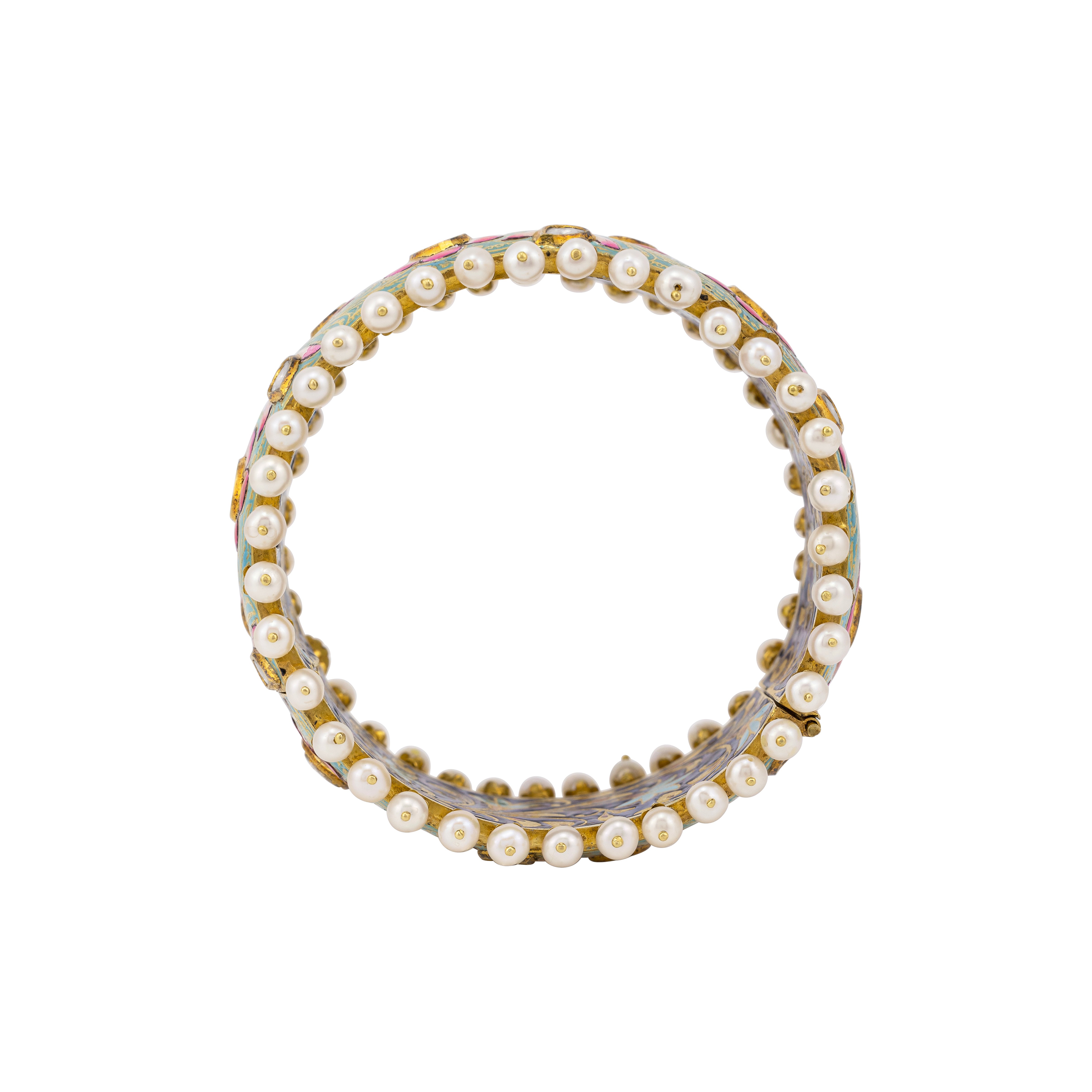 Floral Enamel Polki Bangle with Pearl Fungar Borders